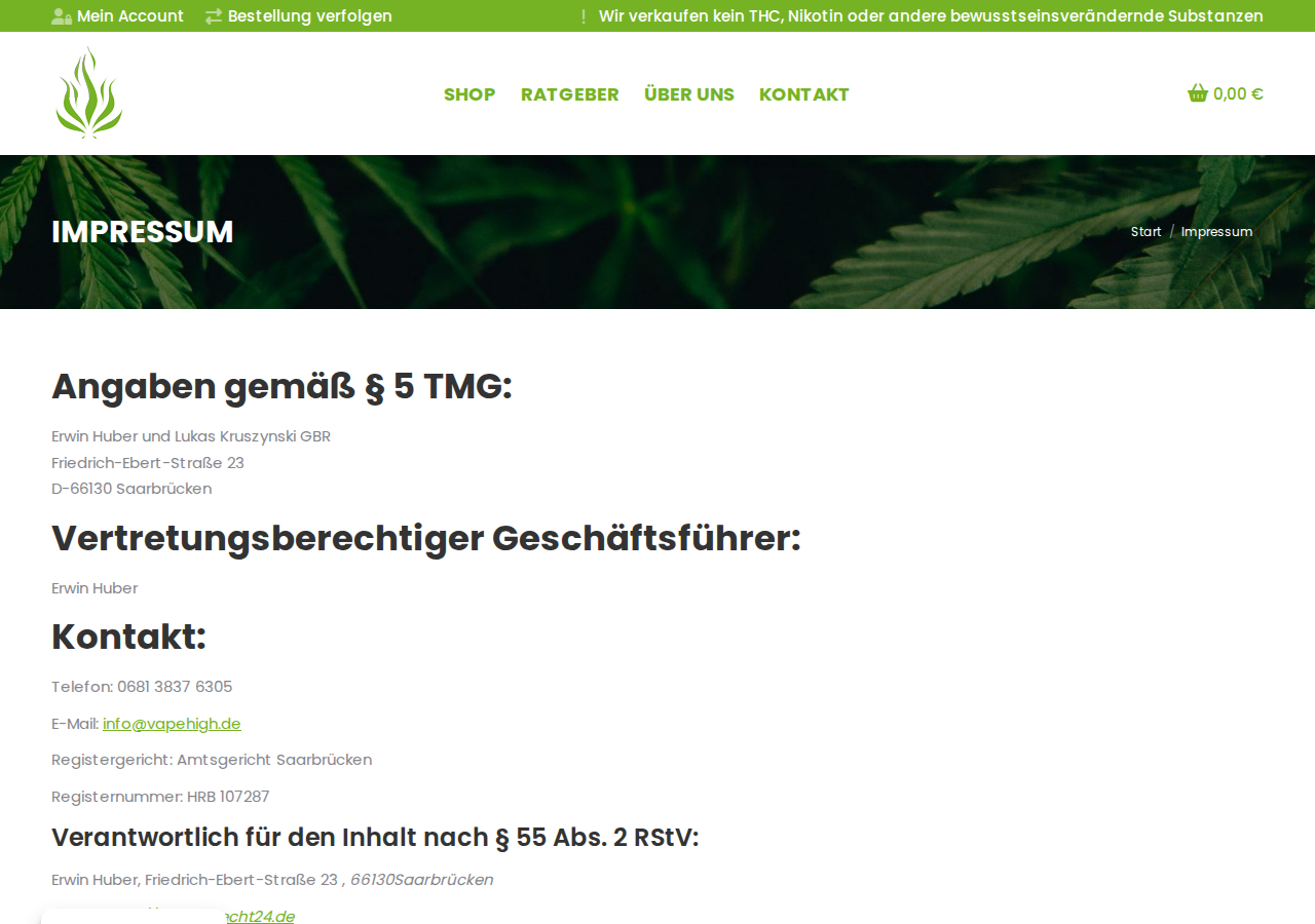 vapehigh.de Impressum-Seite mit Firmendaten