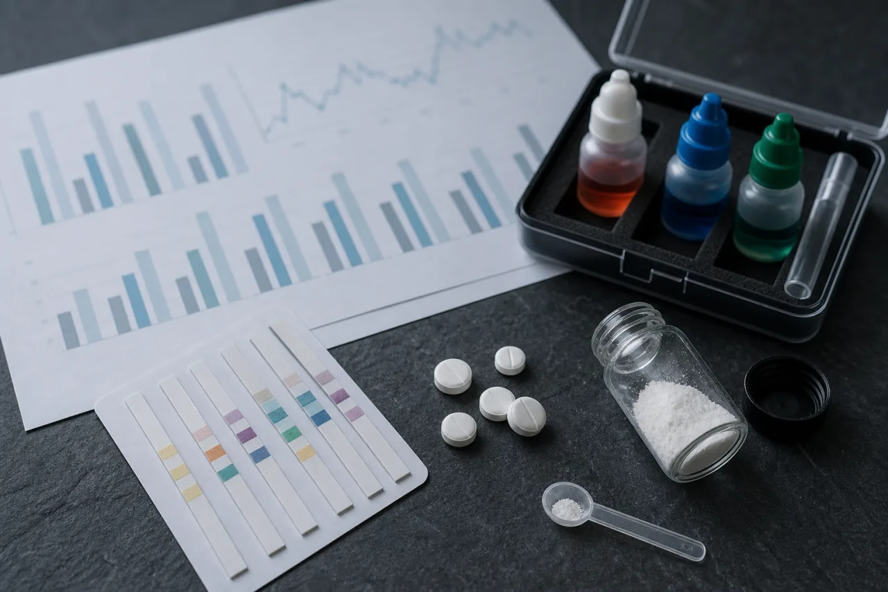 Editorial overhead still life on dark slate: a printed bar chart, a reagent test kit with coloured dropper bottles, drug-checking test strips, several unlabeled white pills, and a small glass vial of white powder with a measuring scoop