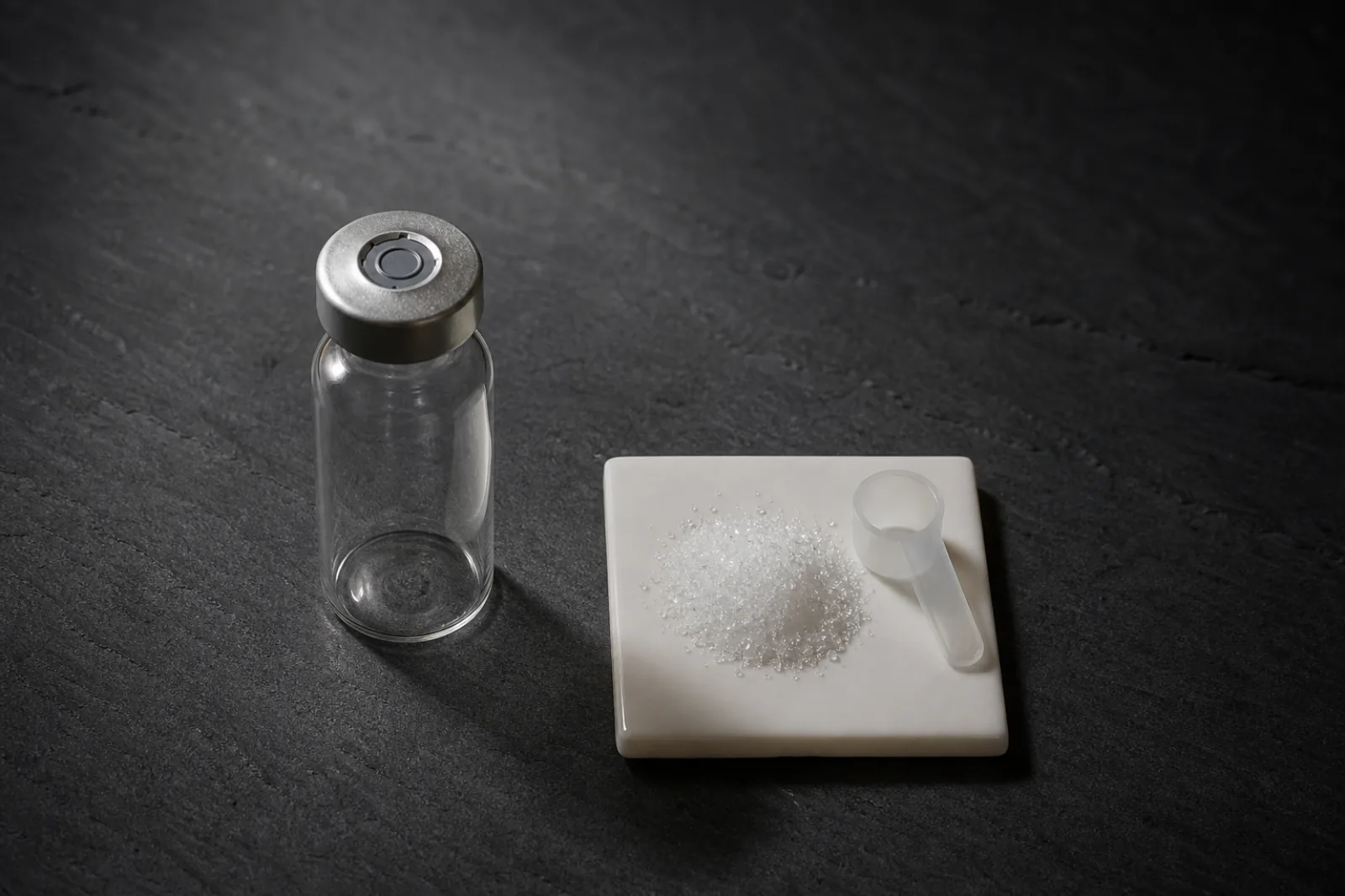 Editorial still life of a small pharmaceutical glass vial alongside a tiny pile of fine crystalline white powder and a measuring scoop on a white ceramic tile, on a dark slate surface